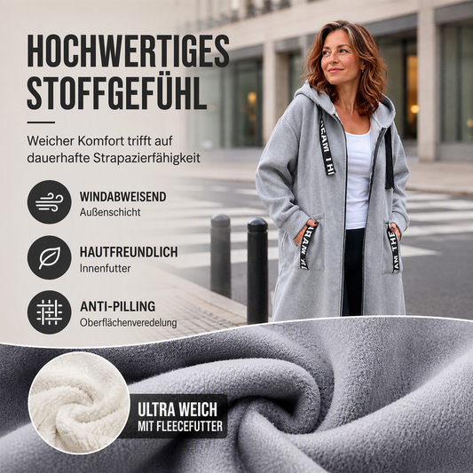 Women's Long Oversized Hoodie Coat – Knee-Length Zip-Up Sweatshirt Jacket with Side Pockets & Letter Patch, Cozy Fall Outerwear