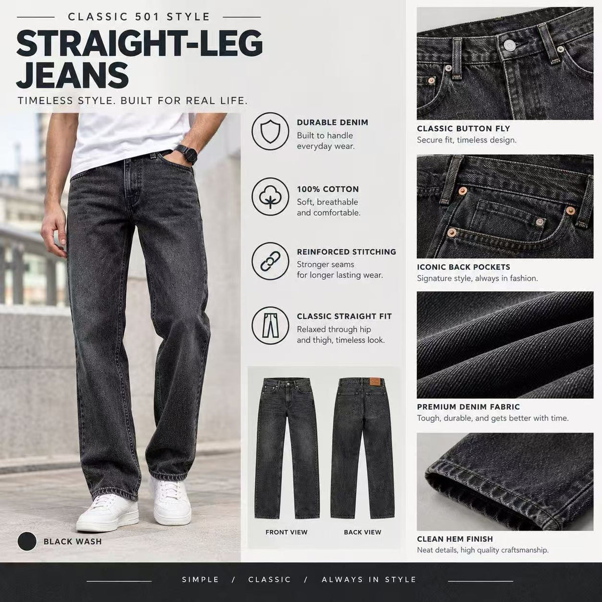 [ VAREL ] Rugged Vintage Straight-Leg 501 Jeans—Built to Last, Made to Stand Out.