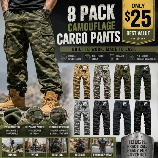 Men's Tactical Camouflage Cargo Pants – Durable Multi-Pocket Outdoor Workwear Trousers (Sizes XS-5XL) – $13.99