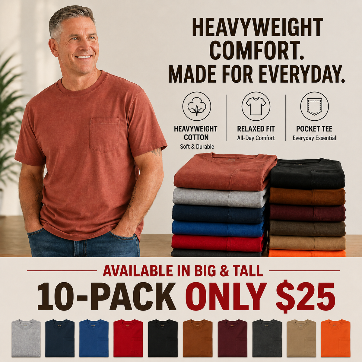 Heavyweight Cotton Pocket T-Shirt for Men - Relaxed Fit Casual Everyday Tee (Available in Multiple Colors & Sizes)