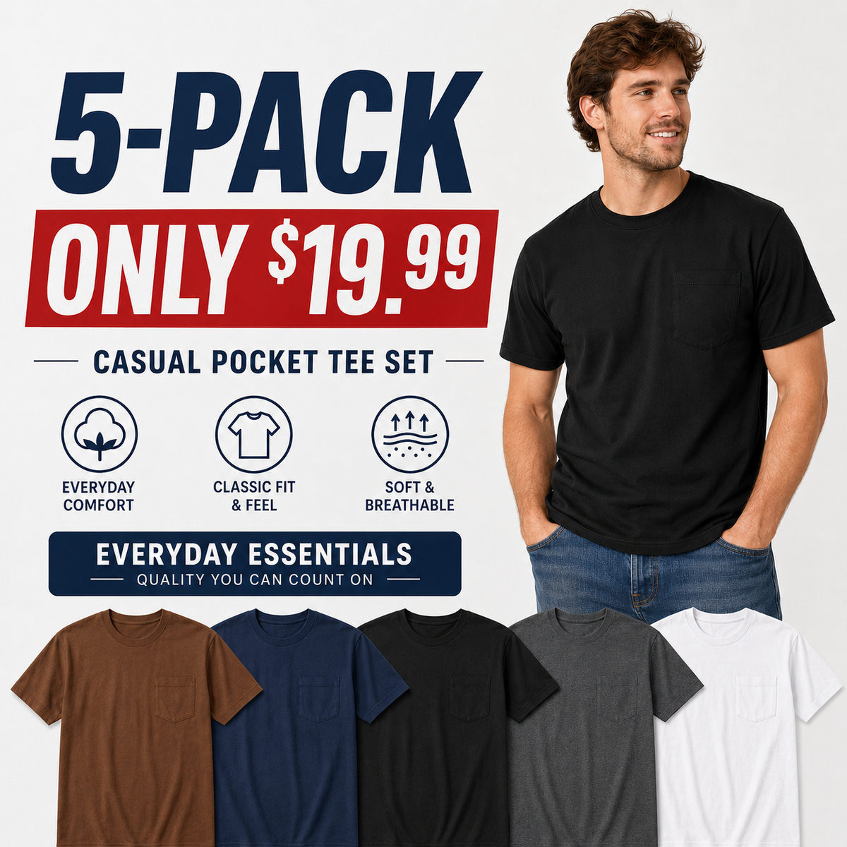 Heavyweight Cotton Pocket T-Shirt for Men - Relaxed Fit Casual Everyday Tee (Available in Multiple Colors & Sizes)