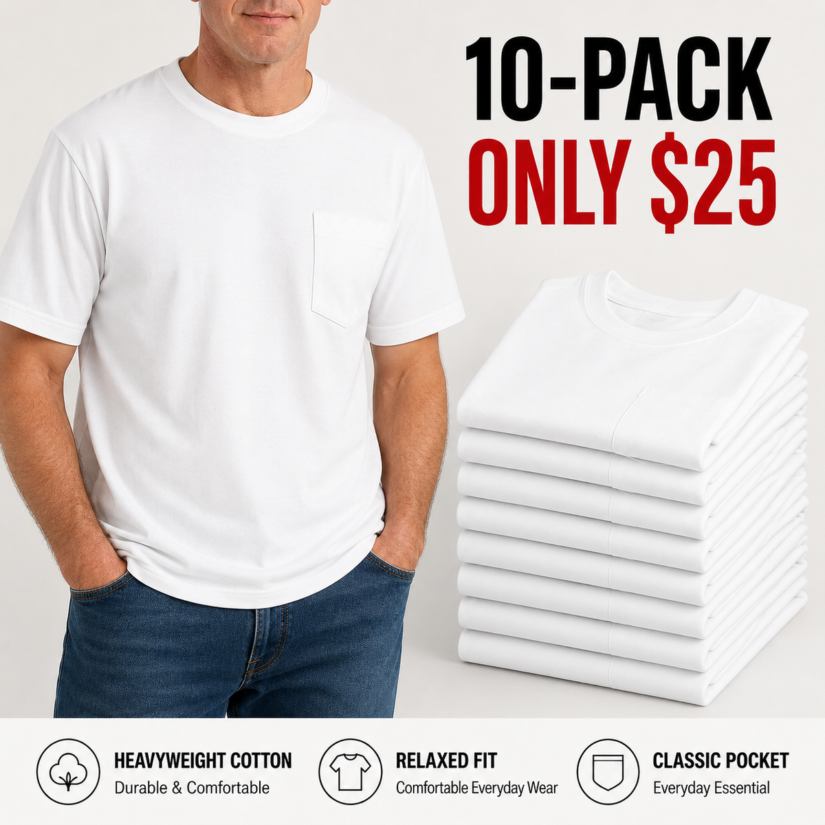 Heavyweight Cotton Pocket T-Shirt for Men - Relaxed Fit Casual Everyday Tee (Available in Multiple Colors & Sizes)