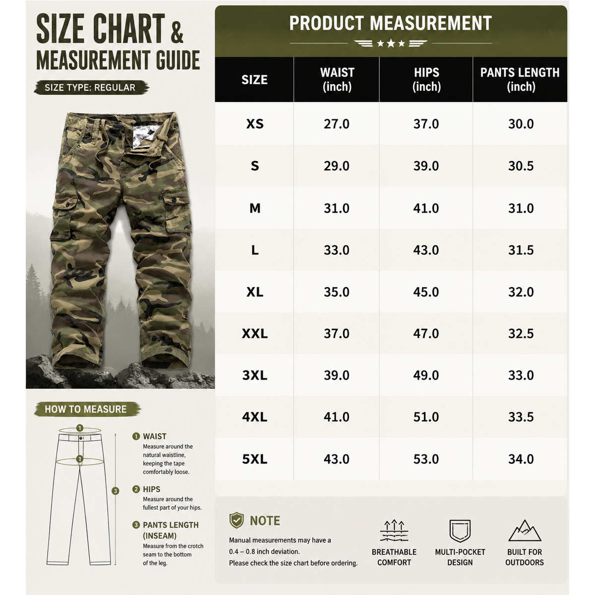 Men's Tactical Camouflage Cargo Pants – Durable Multi-Pocket Outdoor Workwear Trousers (Sizes XS-5XL) – $13.99