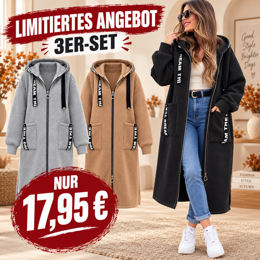 Women's Long Oversized Hoodie Coat – Knee-Length Zip-Up Sweatshirt Jacket with Side Pockets & Letter Patch, Cozy Fall Outerwear