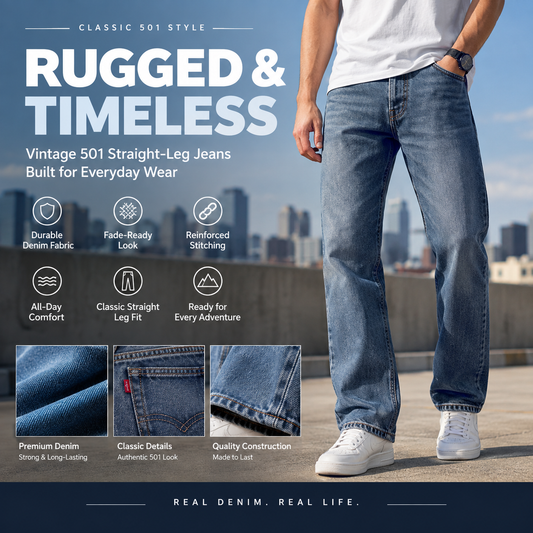 [ VAREL ] Rugged Vintage Straight-Leg 501 Jeans—Built to Last, Made to Stand Out.