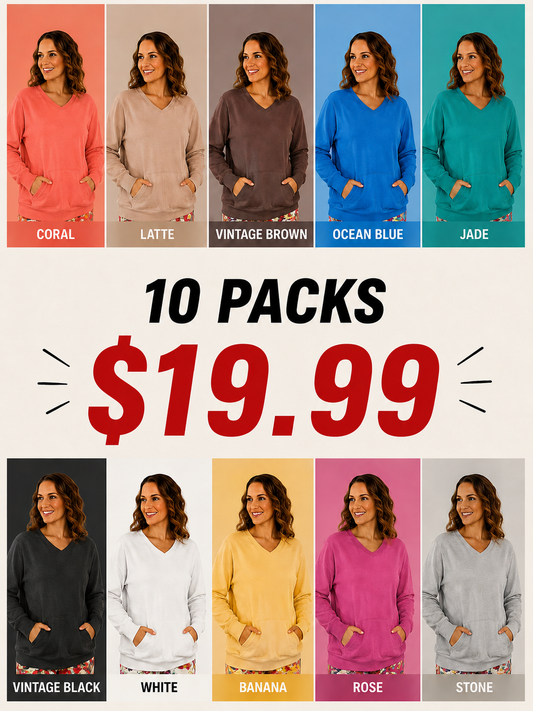 Women's Cozy Campfire V-Neck Sweatshirt – Soft Waffle Knit Oversized Pullover, No Hood, Kangaroo Pocket, Lightweight Cozy Top