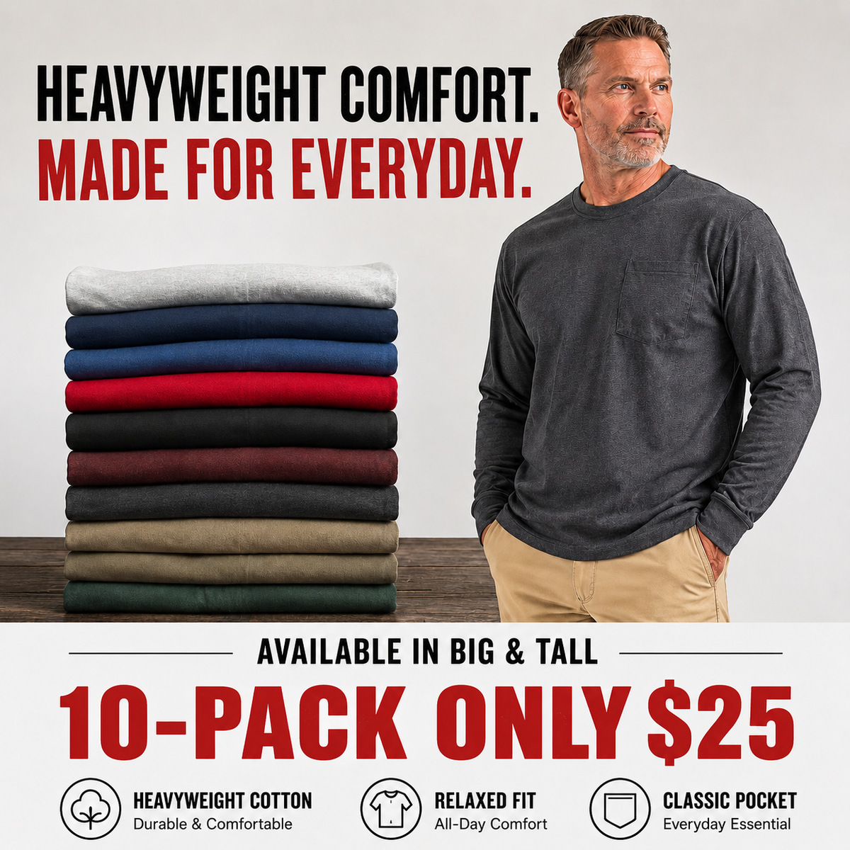Heavyweight Cotton Pocket T-Shirt for Men - Relaxed Fit Casual Everyday Tee (Available in Multiple Colors & Sizes)