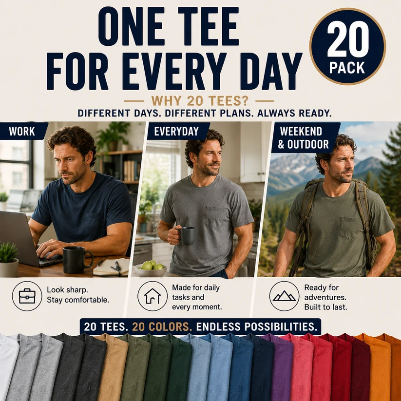 Heavyweight Cotton Pocket T-Shirt for Men - Relaxed Fit Casual Everyday Tee (Available in Multiple Colors & Sizes)