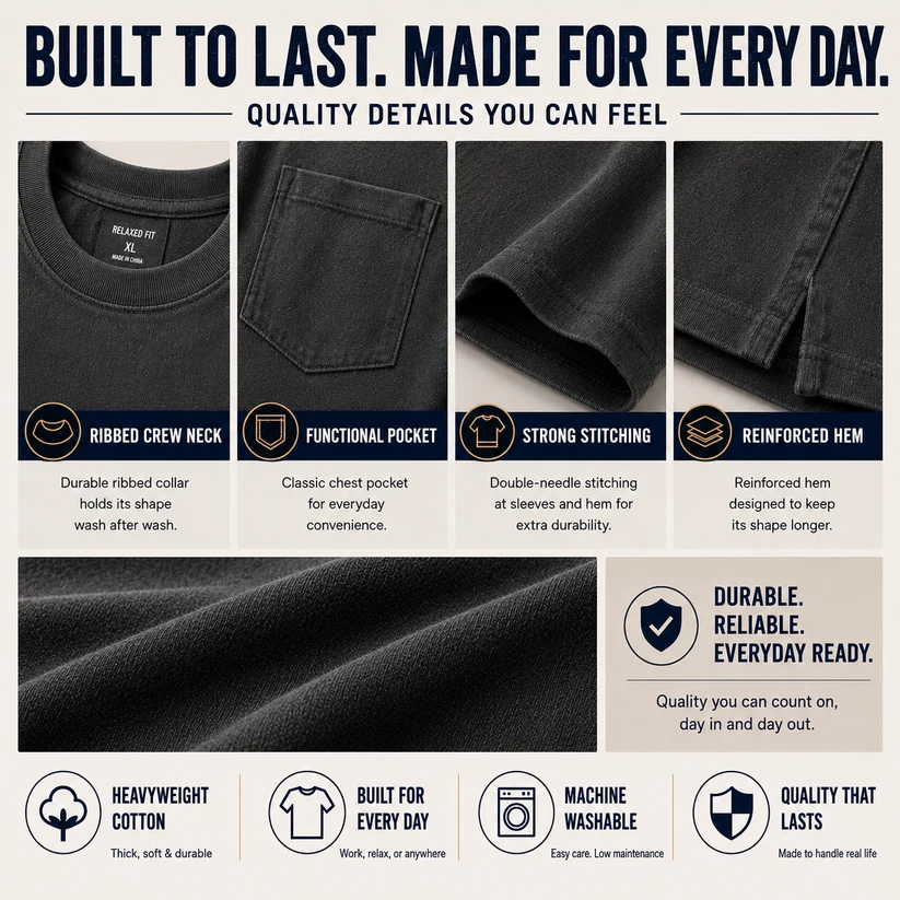 Heavyweight Cotton Pocket T-Shirt for Men - Relaxed Fit Casual Everyday Tee (Available in Multiple Colors & Sizes)