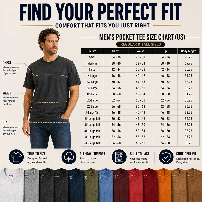 Heavyweight Cotton Pocket T-Shirt for Men - Relaxed Fit Casual Everyday Tee (Available in Multiple Colors & Sizes)