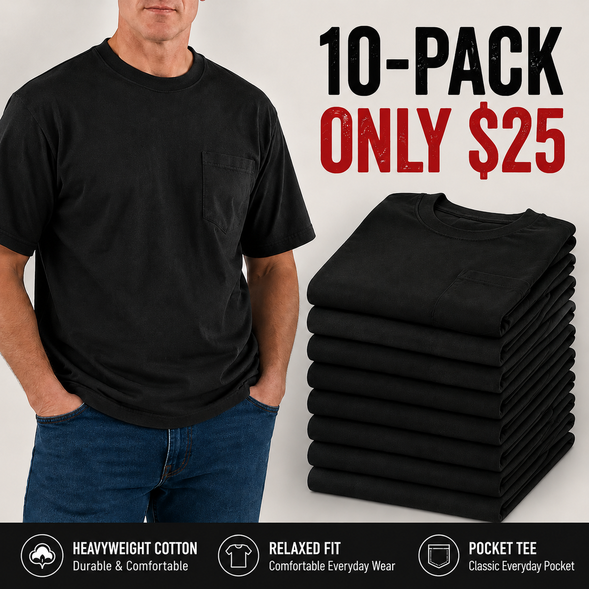 Heavyweight Cotton Pocket T-Shirt for Men - Relaxed Fit Casual Everyday Tee (Available in Multiple Colors & Sizes)
