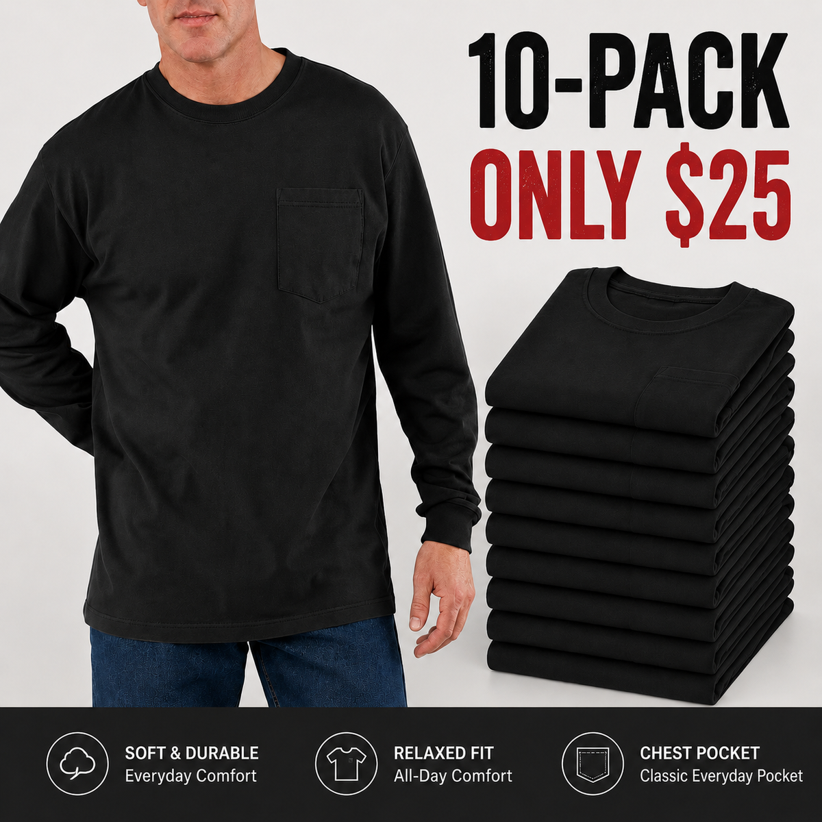 Heavyweight Cotton Pocket T-Shirt for Men - Relaxed Fit Casual Everyday Tee (Available in Multiple Colors & Sizes)